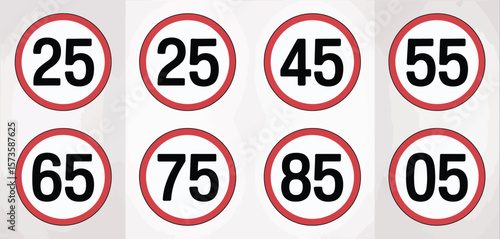 Collection of circular speed limit signs with numbers 05 25 45 55 65 75 85