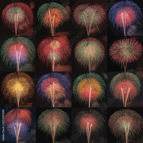 Collection of Colorful Fireworks Explosions at Night