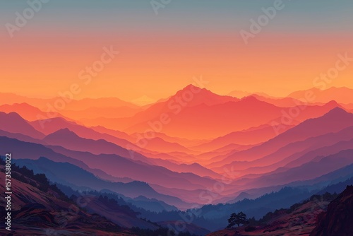 Stunning Sunset Over Mountain Ranges. Serene Landscape with Vibrant Horizon and Soft Light