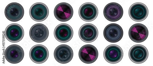 Collection of stylized camera lenses in various colors and aperture settings