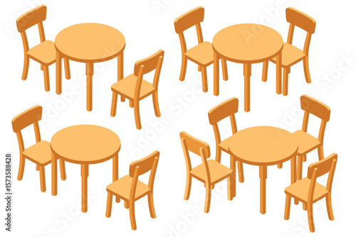 Isometric view of orange wooden round tables with chairs on white background