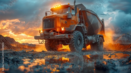 Big orange construction truck, bright lights. Puddles reflect truck and fiery sunset. Dark stormy sky backdrop