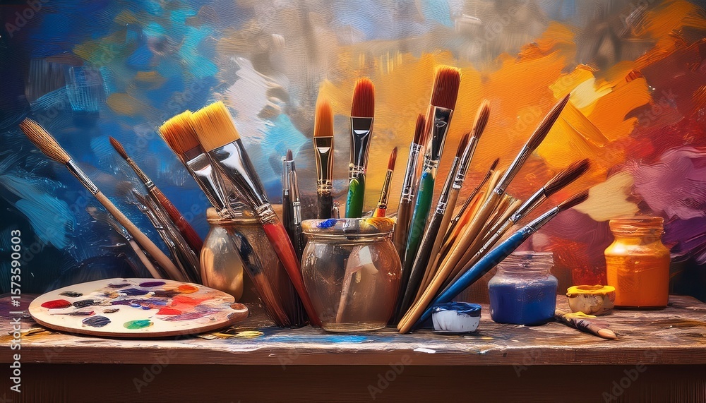 Fototapeta premium paint brushes and palette on canvas, artistic