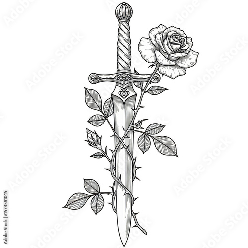 Illustration of Sword Piercing a White Rose and Thorn with Black Background