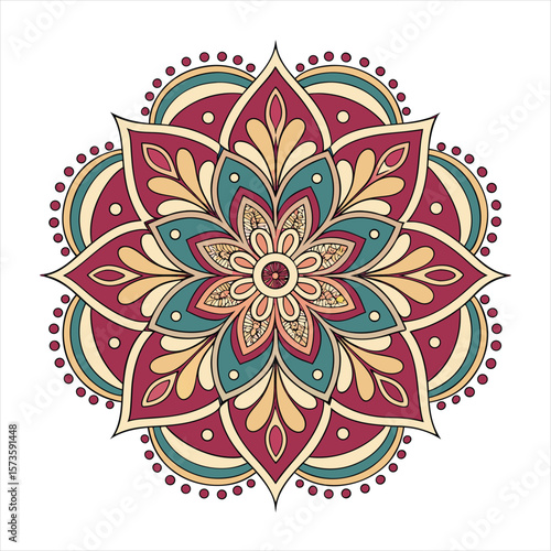 Intricate floral mandala design with pink and teal colors on white background