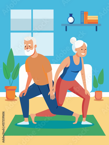 Elderly couple stretching together on yoga mats in a bright room with plants, preparing for exercise, promoting fitness and healthy lifestyle choices for seniors