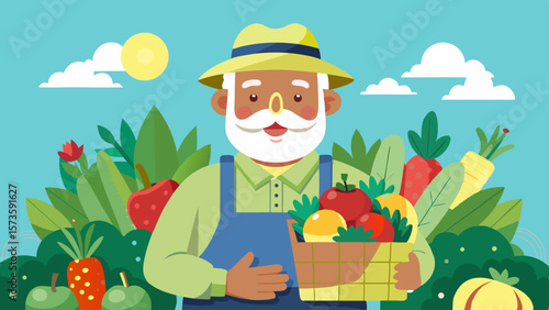 Grandpa proudly displaying a bountiful harvest of fresh vegetables in a basket, surrounded by a vibrant garden, showcasing the joy of gardening and homegrown produce