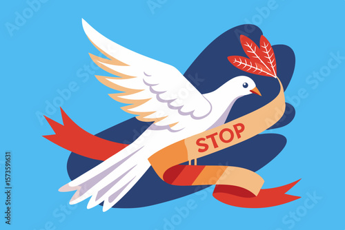 White dove with Stop War ribbon tied around leg, symbolizing peace and hope, close-up view, vibrant colors, flat illustration style, ideal for promoting anti-war messages and peace initiatives