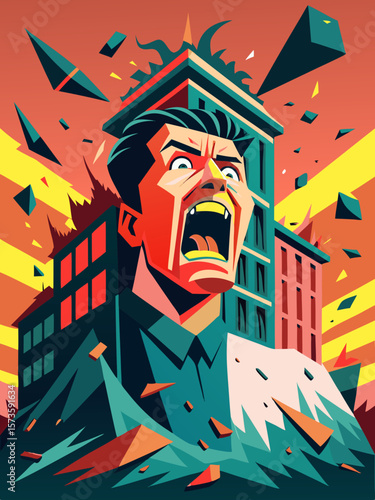 Man screaming in front of collapsing building with debris flying, vibrant colors and dynamic shapes creating a stylized vector illustration of chaos and urgency