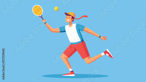 Man in summer outfit serves tennis ball with full swing, showcasing athleticism and energy in a vibrant outdoor setting, capturing the essence of summer sports activity