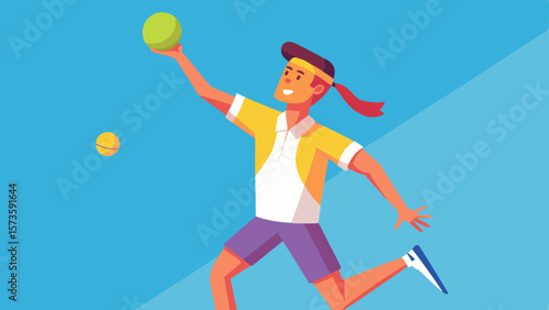 Man in summer outfit serves tennis ball with full swing, showcasing athleticism and energy in a vibrant outdoor setting with bright blue background