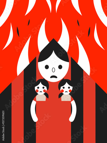 Mother protecting her children with fear and despair, flames and smoke rising behind them, capturing a moment of intense emotion and urgency in a chaotic scene