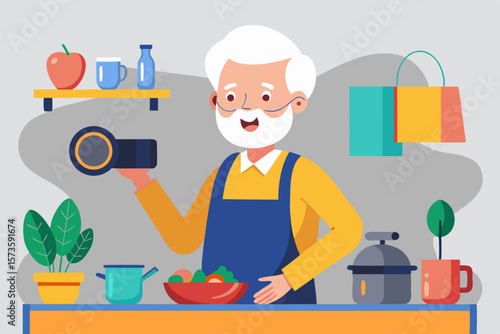 Elderly man demonstrating cooking tutorial with colorful vegetables in a bowl, holding a pan, surrounded by kitchen items, showcasing culinary skills and joyful atmosphere