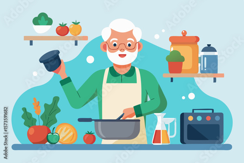 Elderly man demonstrating cooking tutorial with pan and fresh vegetables, showcasing culinary skills in a bright kitchen environment with colorful ingredients and utensils
