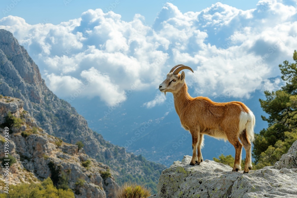 Obraz premium Majestic Mountain Goat Standing on Rock with Clouds in Background