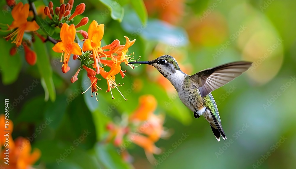 Naklejka premium A hummingbird hovers near vibrant orange flowers