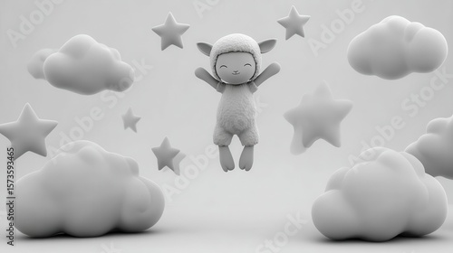 Cartoon sheep floating among clouds and stars