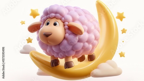 Cute sheep on crescent moon illustration