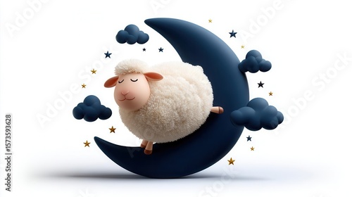 Sheep sleeping on crescent moon illustration