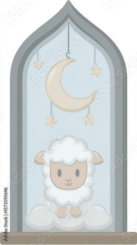 Cute sheep in window illustration