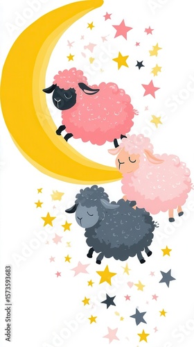 Cute cartoon sheep on moon with stars