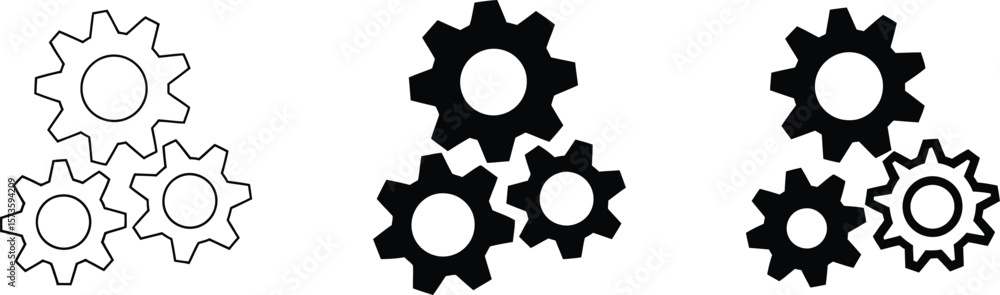 Interlocking Gear Icons: System, Settings, & Process Symbols for Mechanical Concepts. Interlocking Gear Icons: System, Settings, & Process Symbols for Mechanical Concepts.