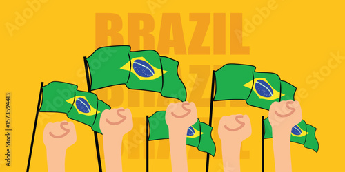 hand with flag of the Brazil or Brazil independence day vector illustration of Brazil flag with yellow background banner or greeting card