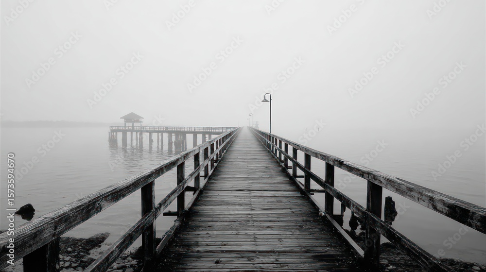 Fototapeta premium Misty pier extends into foggy water