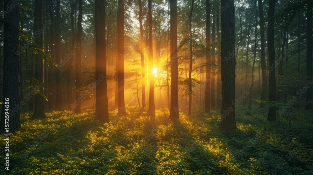Naklejka premium Forest scene with sunlight streaming through trees, illuminating the ground