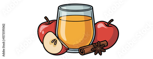 Refreshing glass of apple juice with whole apples cinnamon and star anise
