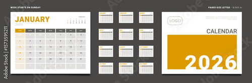 Set of Monthly pages Calendar Planner Templates 2026 for wall or desk with Cover and place for Photo, Logo. Vector layout of simple calendar with week start Sunday. Pages for size Letter - 8.5x11 in