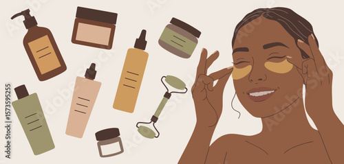 Woman applying eye patches with skincare products and jade roller