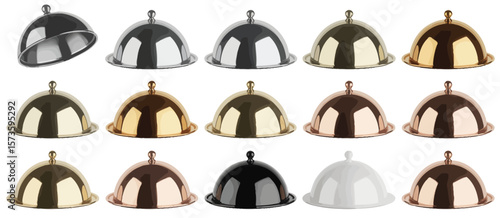 Collection of gleaming metal and colored food cloches arranged on a white background