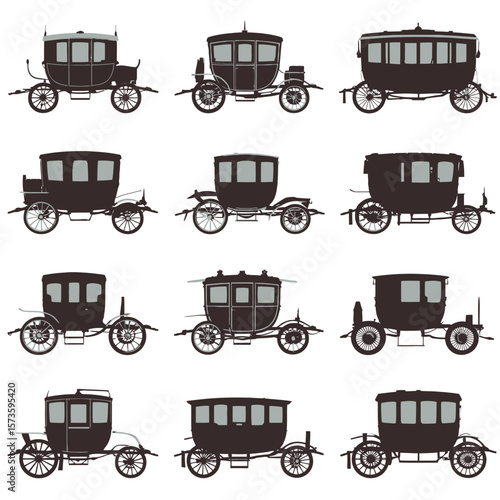 Collection of vintage horse drawn carriages and coaches in silhouette style