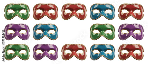 Collection of colorful venetian masquerade masks arranged in rows on a white background