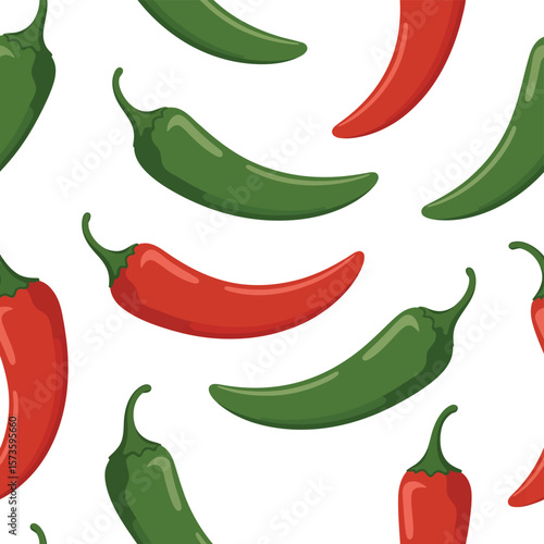 Seamless pattern of red and green chili peppers on a white background