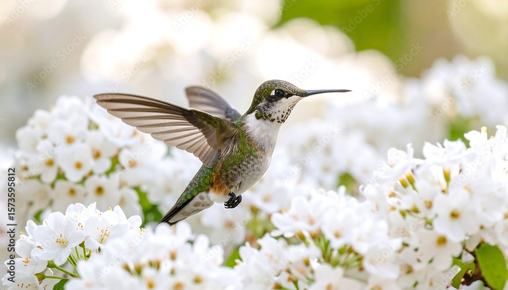 Fototapeta premium A hummingbird in flight, amidst a profusion of white flowers