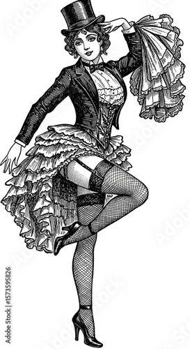 Vintage Woman Dancer Illustration in Retro Costume with Hat Art