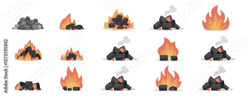 Collection of flat design charcoal and fire illustrations for grilling and camping