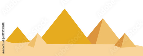 Geometric stylized egyptian pyramids in warm golden and orange tones on a sandy landscape