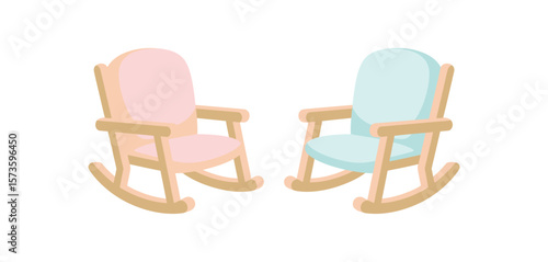 Two pastel colored rocking chairs one pink and one blue isolated on white