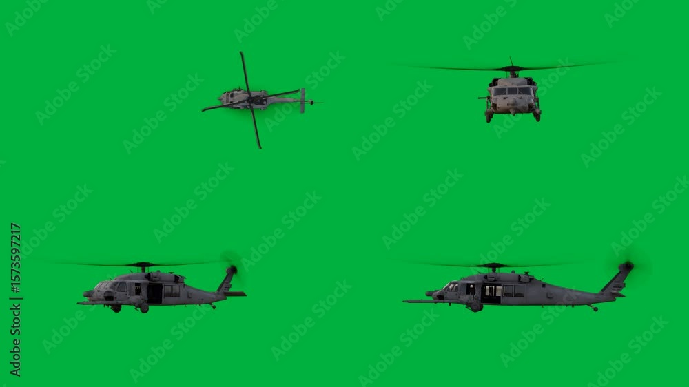 Four military helicopters flying in formation on a green screen and side by three the sky animated chromakey background composition colorful figure cartoonish movement illustration Four military helicopters flying in formation on a green screen and side by three the sky animated chromakey background composition colorful figure cartoonish movement illustration