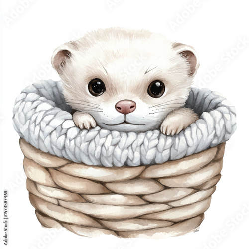 Adorable Cream Ferret Nestled in Knitted Basket