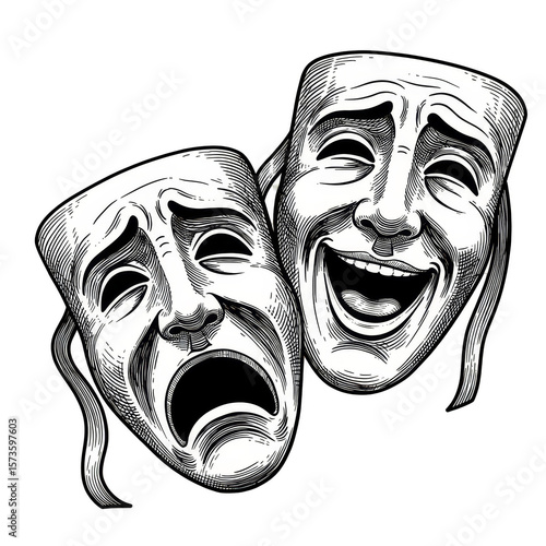 Illustration of Theatrical Masks of Comedy and Tragedy for Drama Symbol