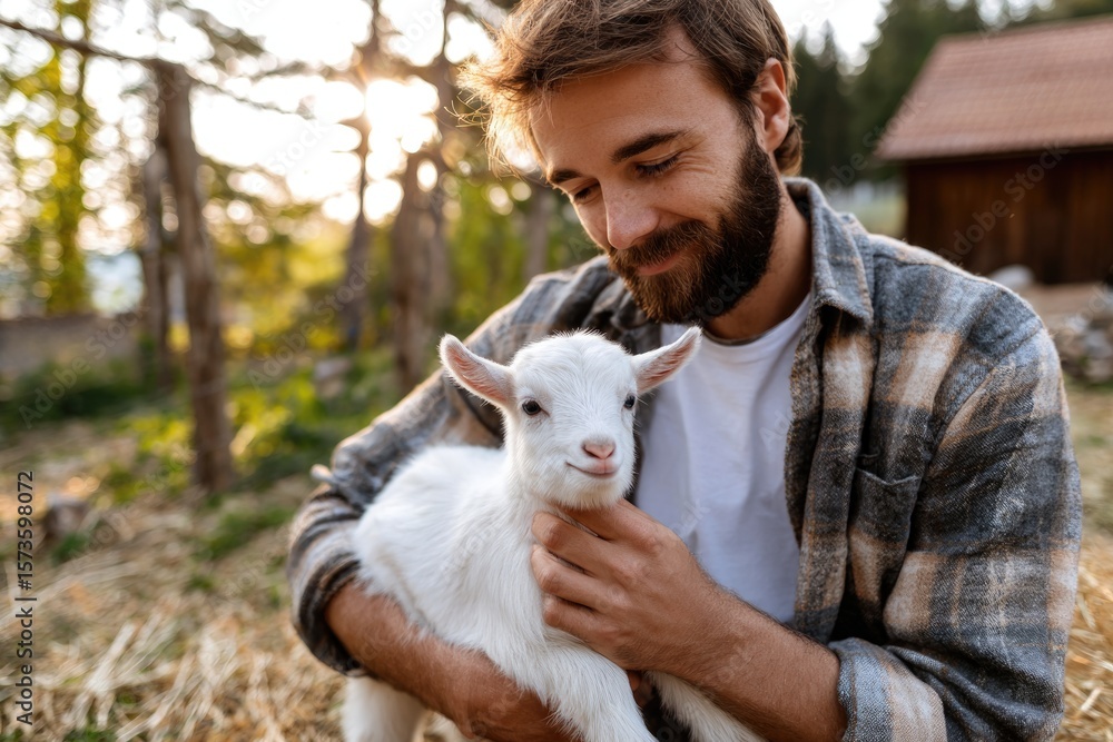 Obraz premium young farmer stroking a small goat kid