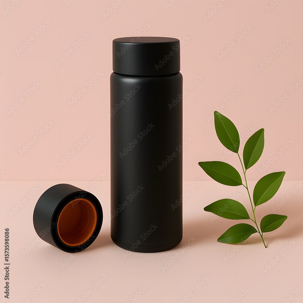 Minimalist black thermos bottle with detached lid and green leaf on soft pink background, representing eco-friendly lifestyle, hydration, and sustainable product design aesthetics
Minimalist black thermos bottle with detached lid and green leaf on soft pink background, representing eco-friendly lifestyle, hydration, and sustainable product design aesthetics