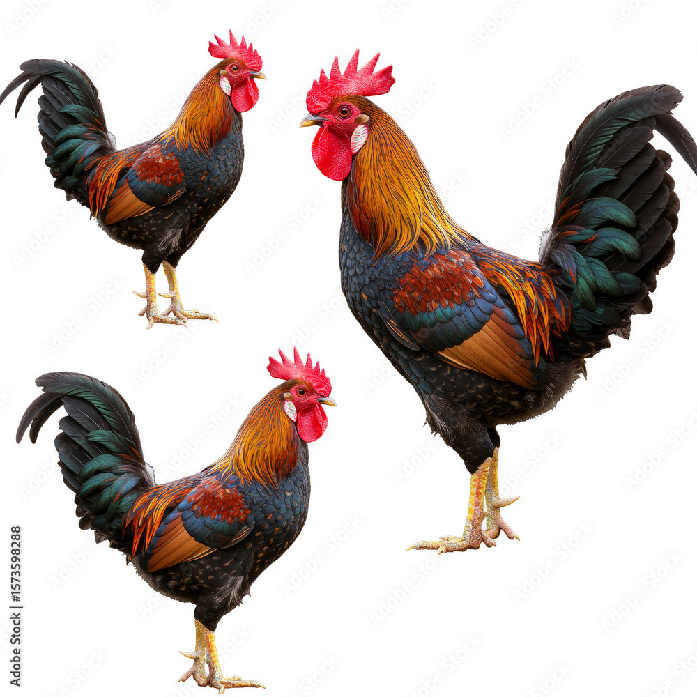 Fototapeta premium Illustration of Three Colorful Roosters on Transparent Background