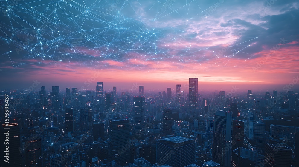 Fototapeta premium Cityscape at Dusk with Network Connection Overlay