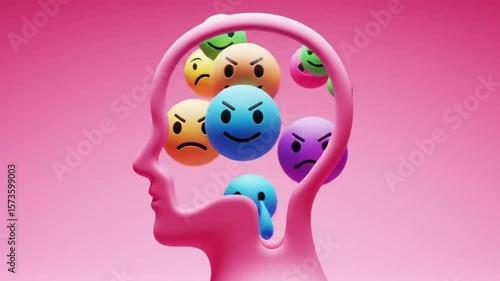 Pink head outline with happy face inside and sad faces on top on pink background