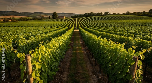 Lush vineyard with row of grapevines extending to the horizon.